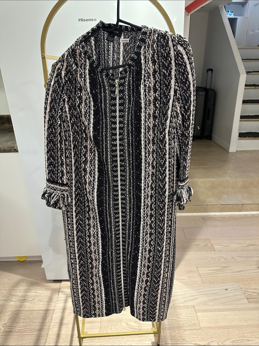 St. John Black and White Striped Tweed Long Dress Coat